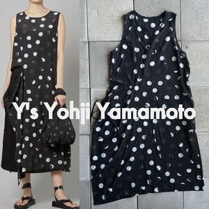 2023SS【Y's Yohji Yamamoto ワイズ ヨウジヤマモト】ドット プリント 変形 ワンピース 1 ブラック ホワイト