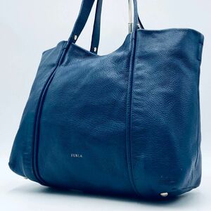 1円~[A4収納可/美品] FURLA フルラ メンズ ビジネスバッグ トートバッグ ブリーフケース ●オールレザー シボ革 肩掛け 手提げ鞄 通勤 青