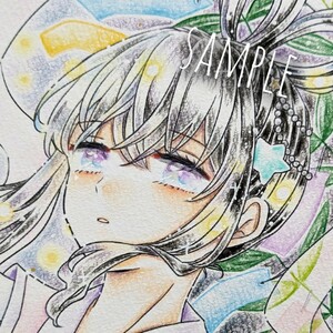 織姫 七夕 夜空 短冊 創作 手描きイラスト 色鉛筆 女の子 原画 アナログ オリジナル ハガキ