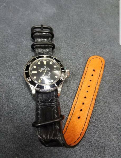 20mm 本物 クロコダイル NATO 半艶黒Xオレンジ オーストリッチ genuine crocodile leather