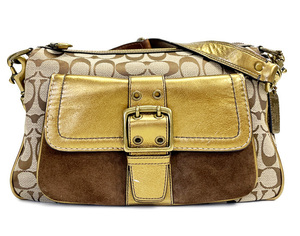 COACH コーチ バッグ 鞄 1496 シグネチャー ワンショルダーバッグ ハンドバッグ ブラウン×ゴールド G金具 総柄 定番 レザー 革 保存袋付