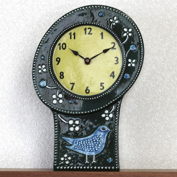 【貴重】ロールストランド/Rorstrand　陶器の時計（鳥・グリーン）　シルヴィア・レウショヴィウス/Sylvia Leuchovius　北欧ヴィンテージ