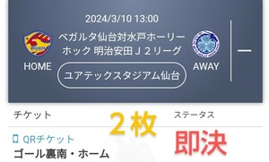 ベガルタ仙台 VS 水戸ホーリーホック ゴール裏南・ホーム チケット２枚 QRチケット 送料無料 チケット　ペアチケット　 ●最終価格●