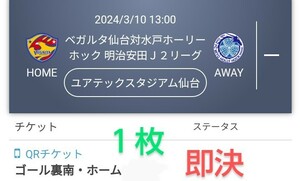 ベガルタ仙台 VS 水戸ホーリーホック ゴール裏南・ホーム チケット１枚 QRチケット 送料無料 チケット ●最終価格●