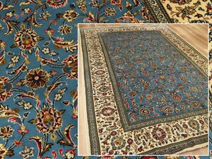 魁◆高級ペルシャ絨毯 カシャーン産 上質ウール100% 手織 大判 200×314㎝ 花文様 ブルー