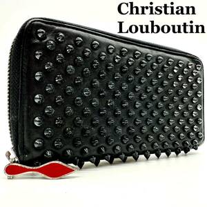 【極美品】クリスチャンルブタン Christian Louboutin サイフ 長財布 wallet ラウンドファスナー スタッズ パネトーネ ブラック レザー