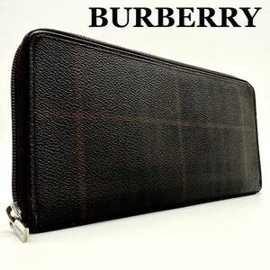 【極美品】バーバリー BURBERRY シャドーチェック 財布 長財布 ジッピーウォレット オーガナイザー wallet メンズ ブラック レザー