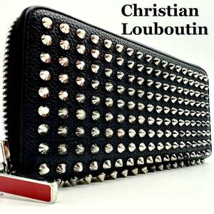 【極美品】クリスチャンルブタン Christian Louboutin 長財布 財布 wallet ラウンドファスナー スタッズ パネトーネ ブラック レザー