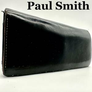 【美品】ポールスミス Paul Smith 財布 長財布 二つ折り wallet マルチストライプ メンズ ビジネス ブラック レザー