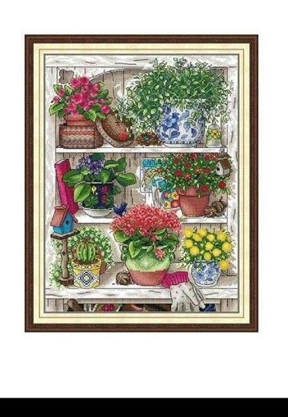 クロスステッチキット カラフルな植木棚 印刷あり
