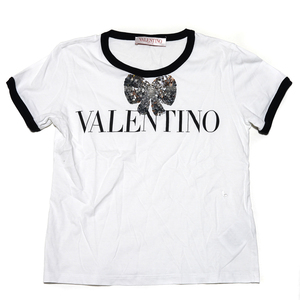 1円～ ヴァレンティノ リボン 半袖 スパンコール Tシャツ 白 ホワイト VALENTINO ロゴ M