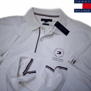 新品 トミーヒルフィガー ロゴ ストレッチ ポロシャツ (XL) ホワイト トリコロールライン 白 ゴルフにも！TOMMY HILFIGER USAモデル /aa58