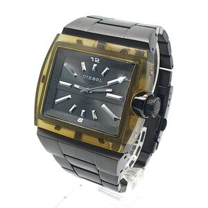  free shipping [ battery replaced ]* diesel *DIESEL* square * clear yellow bezel *DZ-1344* men's / wristwatch / analogue / quartz 