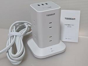 【一円スタート】TESSAN 電源タップ タワー mini型 2m 延長コード 8個AC コンセント 3USBポート付き「1円」IKE01_0984