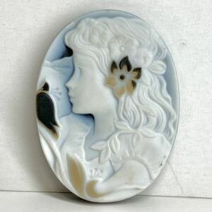 ●ストーンカメオ9.2g●m 46ct 約39.4×29.5mm 貴婦人 CAMEO 花 アンティーク stone 繊細 ルース 宝石 物