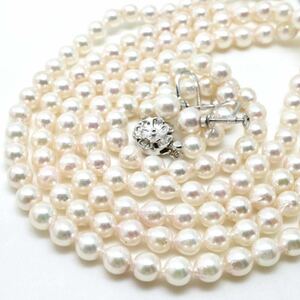 ●アコヤ本真珠ロングネックレス&イヤリング&ブレスレットセット●J 6.0-6.5mm珠 71.8g 20/110cm pearl necklace jewelry EA0/EA3