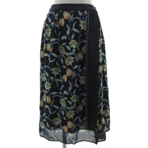 アルチザン ARTISAN スカート ラップ風 ストレート ミディ丈 シルク100％ 日本製 花柄 ネイビー 紺 マルチカラー 9 レディース