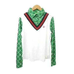 美品 VIVA HEART ビバハート ポロシャツ 長袖 重ね着風 ロゴ 薄手 40 約Mサイズ 緑 グリーン ECM レディース