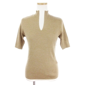 a-ru L Ralph Lauren RL RALPH LAUREN knitted cut and sewn short sleeves rib thin plain wool beige L #N0 lady's 