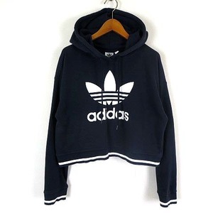 アディダス adidas パーカー スウェット プルオーバー ビッグロゴ プリント 袖 裾 ライン フード ショート丈 ドロップ 長袖 M 紺 白