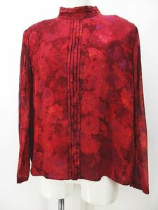 花柄 長袖 シャツ ブラウス 46 赤系 レッド 透け感 肩パット イタリア製 レディース