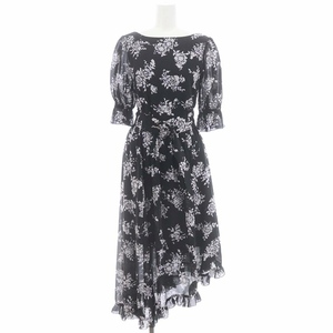 未使用品 ハーリップトゥ Asymmetrical Floral Dress ドレス ワンピース ロング マキシ丈 五分袖 ベルト付き S 黒 紫 グレー レディース