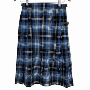 グレンネイビス GLEN NEVIS ラップ プリーツ チェック スカート ウール ひざ丈 青 ブルー系 黒 白 L 0211 レディース