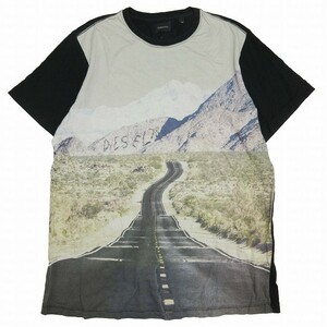 ディーゼル DIESEL フォトプリント Tシャツ 半袖 風景 ハイウェイ ジャージー生地 プルオーバー カットソー M 黒 ブラック マルチカラー