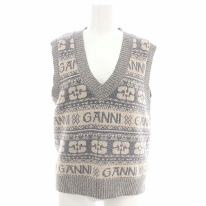 ガニー MAISON SPECIAL取り扱い 23AW Logo Wool Mix Vest ニットベスト Vネック ロゴ ウール プルオーバー S グレー ライトベージュ /HS ■