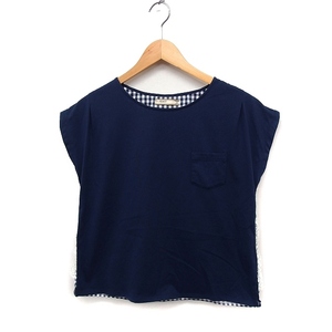 AS KNOW AS PINKY unusual material switch cut and sewn T-shirt French sleeve ound-necked plain silver chewing gum check race * navy navy blue /FT29 lady's 