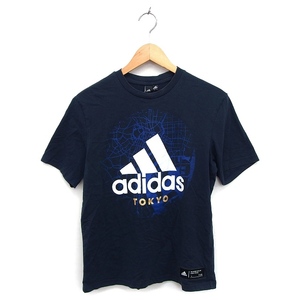 アディダス adidas 国内正規品 カットソー Tシャツ ロゴ リブ クルーネック プリント コットン 綿 半袖 XS 紺 ネイビー /NT3 メンズ