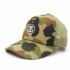 ステューシー STUSSY ×A BATHING APE アベイシング エイプ 1st Camo Trucker Hat ロゴ刺繍 カモフラ メッシュ キャップ FREE カーキ