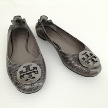 トリーバーチ TORY BURCH バレエシューズ フラットパンプス ロゴ金具 リザード型押し 7.5 M チャコール系 レディース_画像2