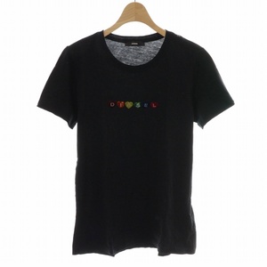 ディーゼル DIESEL Tシャツ カットソー ロゴ ベロア ハート クルーネック 半袖 S 黒 ブラック /DK レディース