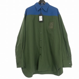 未使用品 ラフシモンズ RAF SIMONS 22AW オーバーサイズ バイカラー Rピン デニムシャツ 長袖 S グリーン/ブルー 222-M244-10080-234