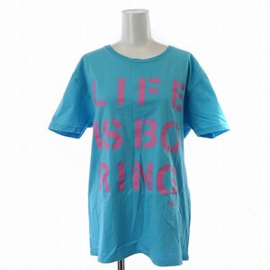 キツネティー Kitsune' Tee LIFE IS BORING TEE Tシャツ カットソー 半袖 プリント クルーネック M 水色 ライトブルー ピンク