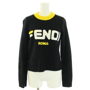  Fendi Logo sweater knitted crew neck long sleeve Logo embroidery high gauge moheya. alpaca . wool . cashmere .36 black yellow lady's 