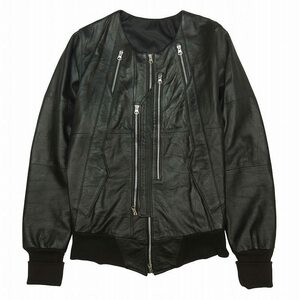 美品 ECHTES LEDER ファスナー ジップデザイン レザー ジャケット ライダース ブルゾン アウター ノーカラー 本革 黒 ブラック メンズ/4