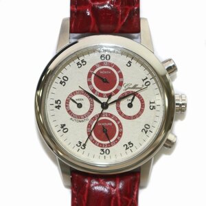 未使用品 ガルーチ GALLUCCI 腕時計 AT 自動巻き トリプルカレンダー 裏スケ ラウンド クロノグラフ レザーベルト SS 赤 シルバー色
