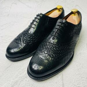 【希少】サントーニ SANTONI 切替 イントレチャート ウィング 内羽根 ドレス 黒 ブラック 6 24.5cm メダリオン ブローグ 切り替え