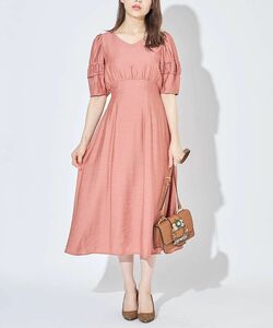 tocco closet ウエストリボン付タックボリュームスリーブ麻調ワンピース