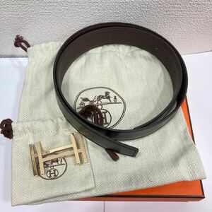 美品 HERMES エルメス ベルト レザー リバーシブル ブラウン ブラック ゴールド バックル アッシュ オ カレ メンズ レディース