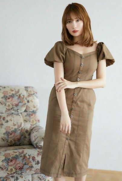 herlipto Puff Sleeve Midi Dress sepia brown S ワンピース オフショル パフスリーブ