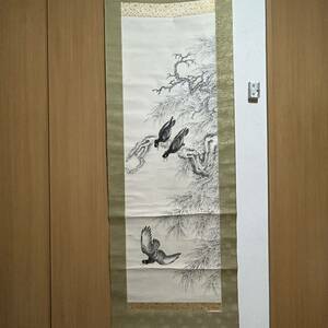 掛軸 掛け軸 カラス図 花鳥図 叭々鳥図 美術品 紙本肉筆 本体：56.5cm*205cm 本紙：42cm*129.5cm