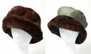 MG0299▽最高級毛皮 ミンク MINK リバーシブル ファーハット 帽子 約60cm デミバフミンク×カーキ系