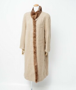 TF9430●IF-PISSARO*イフピサロ*カシミア ロングコート*カシミア100％*ファー襟*ミンク*MINK*総柄*110cm*ロング丈*size9～13号*ブラウン系