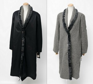 GN0721 《未使用品》定価9.5万円*Vestimo*レッキスファー*ショール*シルク混*ツイードロングコート*ナイロンコート付*サイズF*黒/グレー系