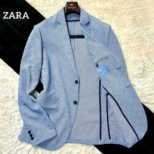 1円【ZARA/ザラ/希少サイズ極美品】テーラードジャケット【大きいサイズ/XLサイズ/チェック/ブルー/メンズ/アウター/背抜き/リネン系/春夏