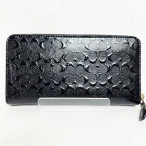 COACH コーチ F54805 シグネチャー ラウンドファスナー長財布 ブラック×ゴールド 黒×金 パテントレザー 中古 格安 レディース 良品HK0082_画像2