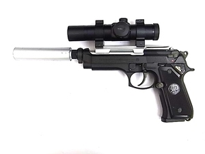 e11165　PIETRO BERETTA C74958Z MAD.92F-CAL 9 Parabellum-PATEMTED ベレッタ ガスガン トイガン スコープ サイレンサー 動作確認済